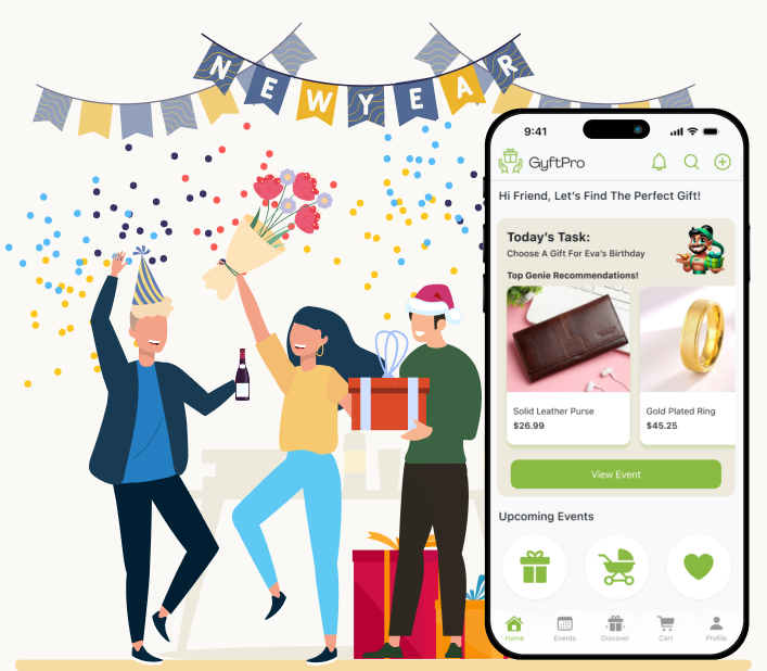 Friends Celebrating New Year beside GyftPro App