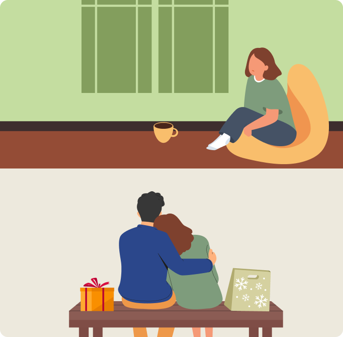 Illustration showing a woman alone compared to a couple with New Year gifts